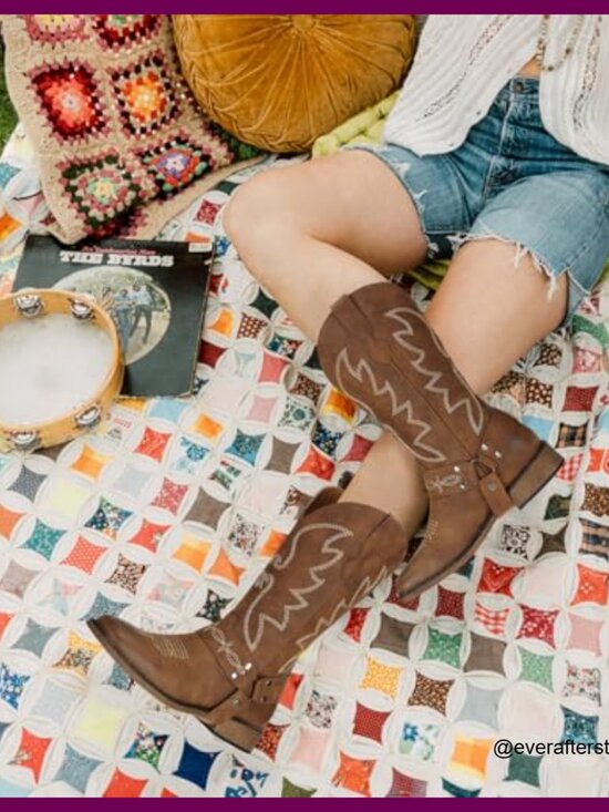 Square Toe Cowgirl Boots with Detachable Strap, Faux Leather, Wide Calf - Picture 2 of 7